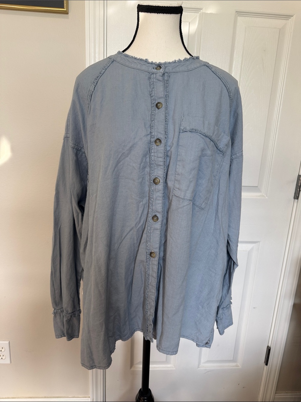 We the Free Relaxed Light Blue Button-Down Shirt with Raw-Edge Detail poet Sz M